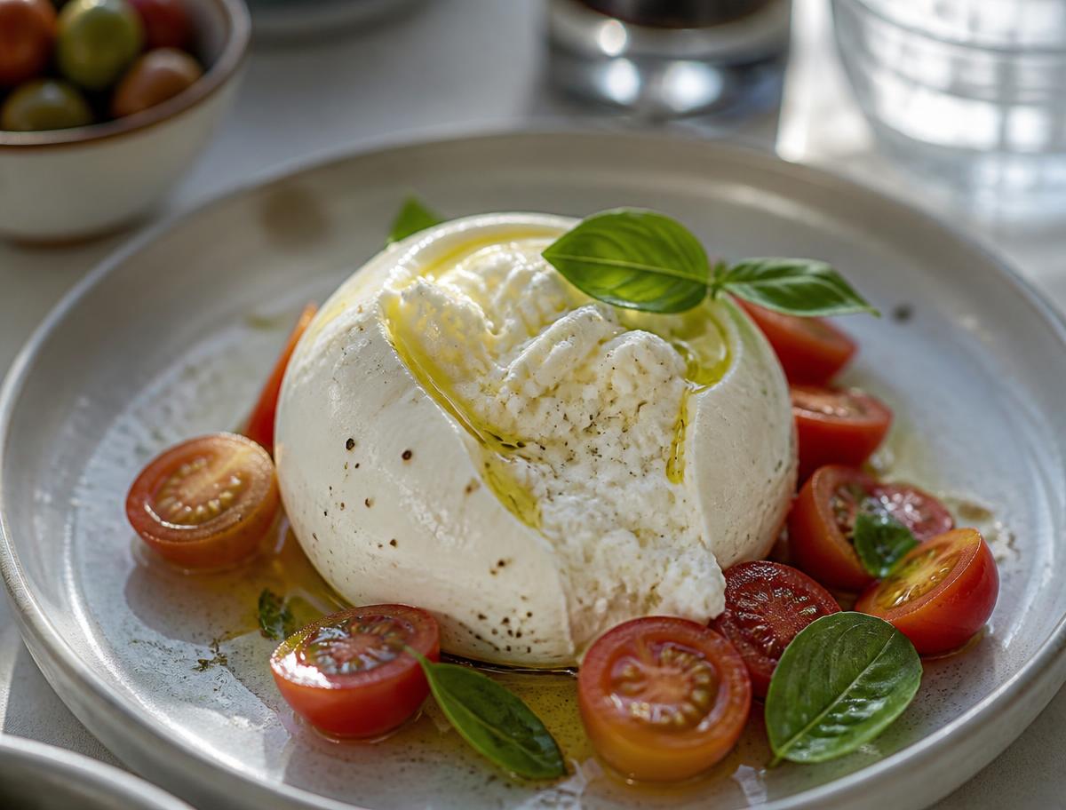 Burrata con cuore di stracciatella, pomodorini e olio d'oliva