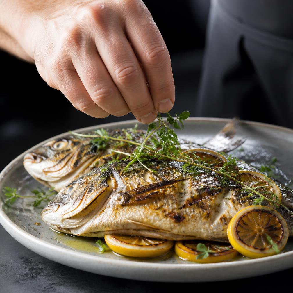 Pesce alla griglia con limone ed erbe aromatiche impiattato dallo chef