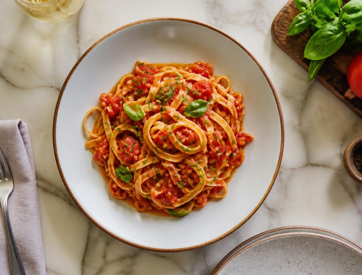 Tagliatelle fresche al pomodoro e basilico su un tavolo di marmo