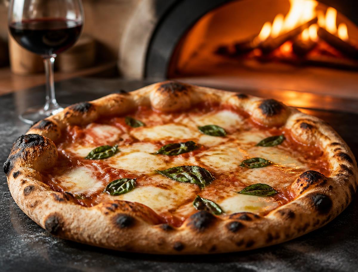 Pizza margherita appena sfornata dal forno a legna
