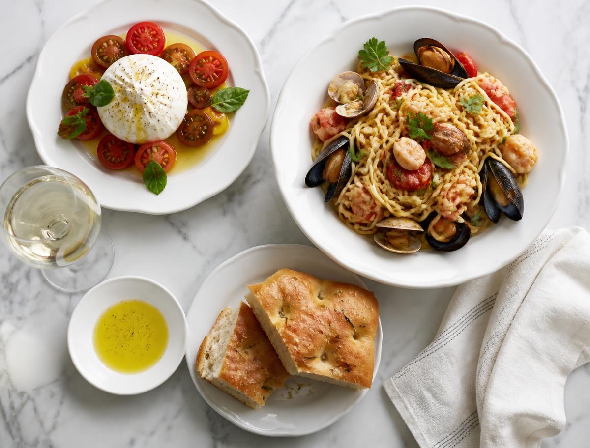 Tavolo di ristorante italiano visto dall'alto con burrata, pasta ai frutti di mare e focaccia