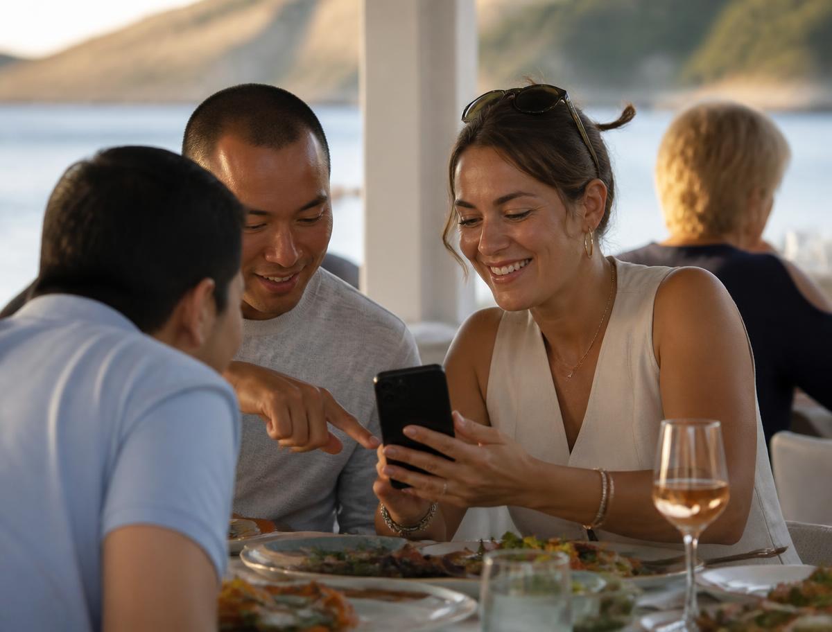 Clienti internazionali che leggono il menu digitale dal telefono al tavolo